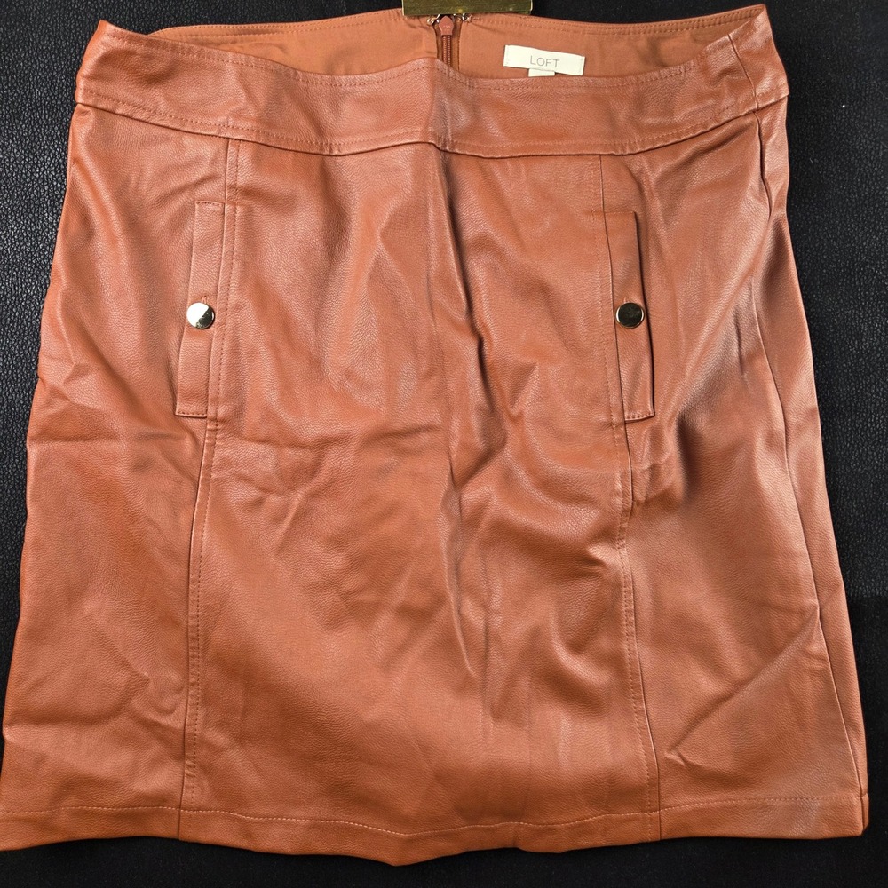 LOFT Cognac Faux Leather Mini Skirt Size 10 Brown Gold Button Detail